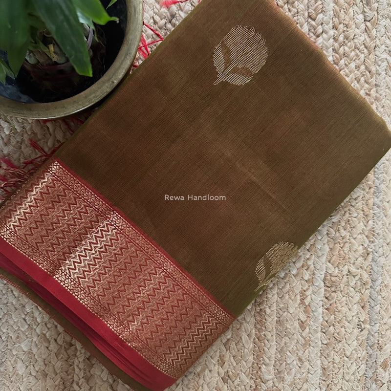 Mehendi Green Butta Zari Border Maheshwari Saree LLBS013