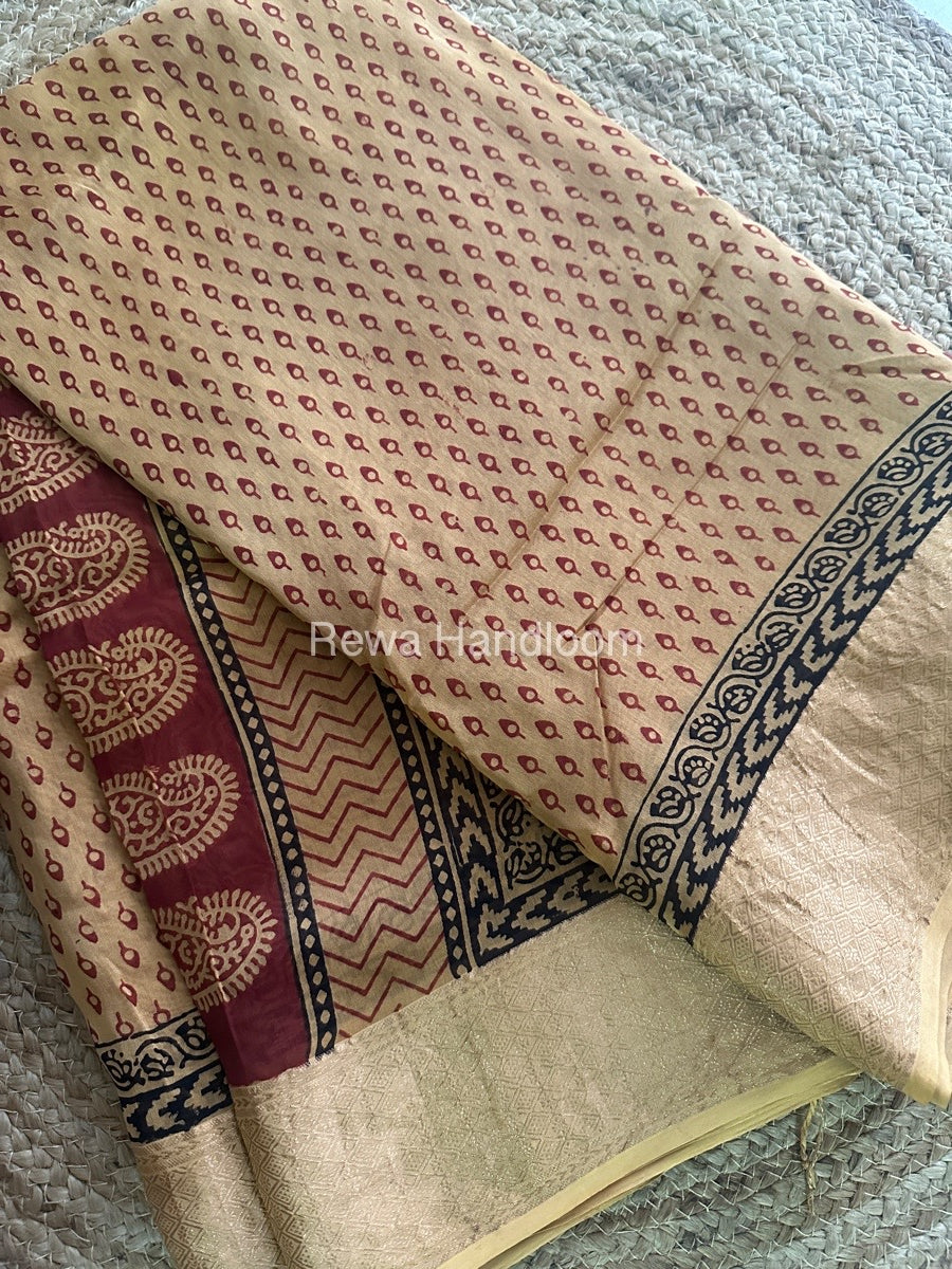 Maheshwari Light Yellow Bagh Print Saree BPSS044