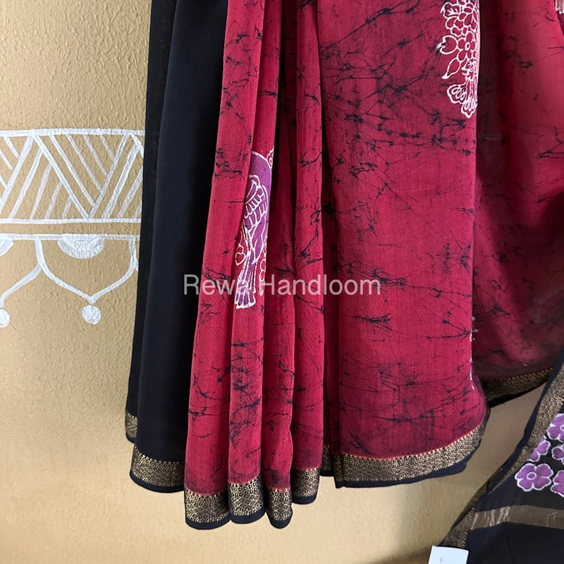 Maheshwari Red Batik Indonesian Print Saree IBS017
