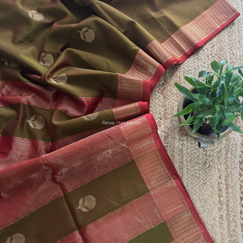 Mehendi Green Butta Zari Border Maheshwari Saree LLBS013