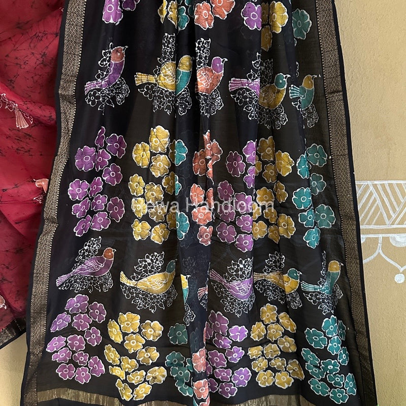 Maheshwari Red Batik Indonesian Print Saree IBS017