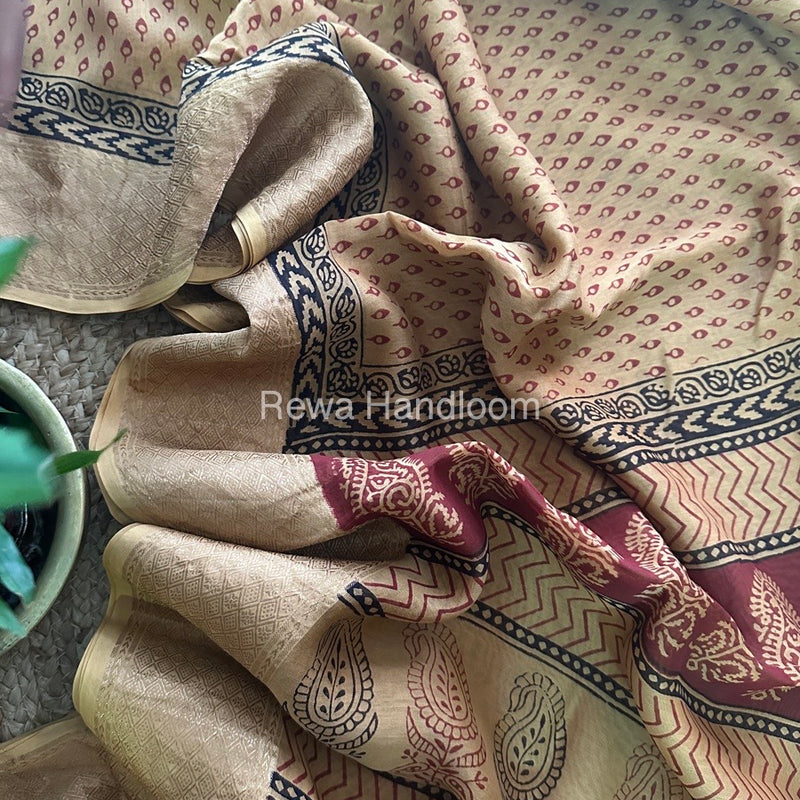 Maheshwari Light Yellow Bagh Print Saree BPSS044