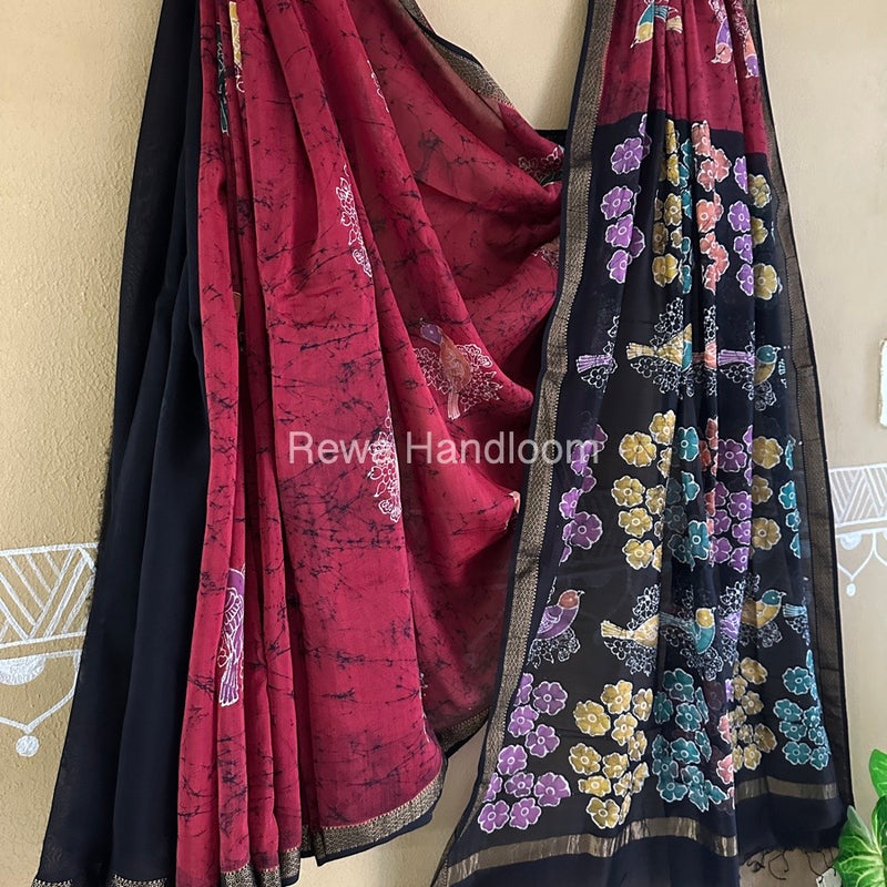 Maheshwari Red Batik Indonesian Print Saree IBS017