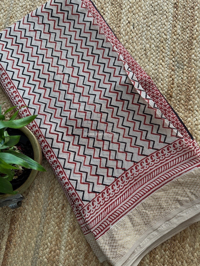 Maheshwari White Bagh Print Small Border Saree MTBS116