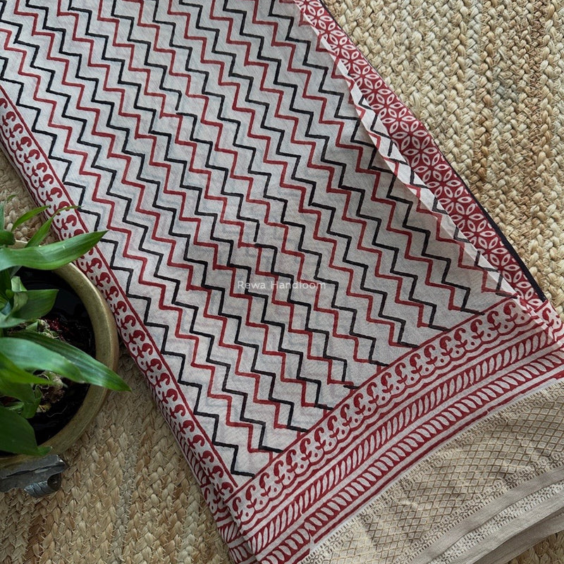 Maheshwari White Bagh Print Small Border Saree MTBS116