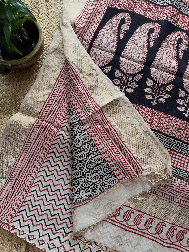 Maheshwari White Bagh Print Small Border Saree MTBS116