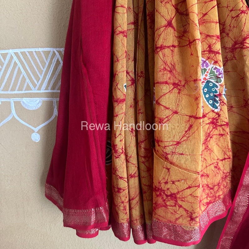Maheshwari Mustard Yellow Batik Indonesian Print Saree IBS056