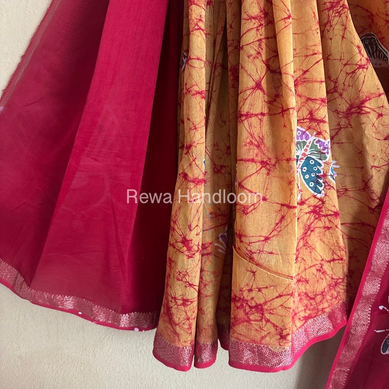 Maheshwari Mustard Yellow Batik Indonesian Print Saree IBS056