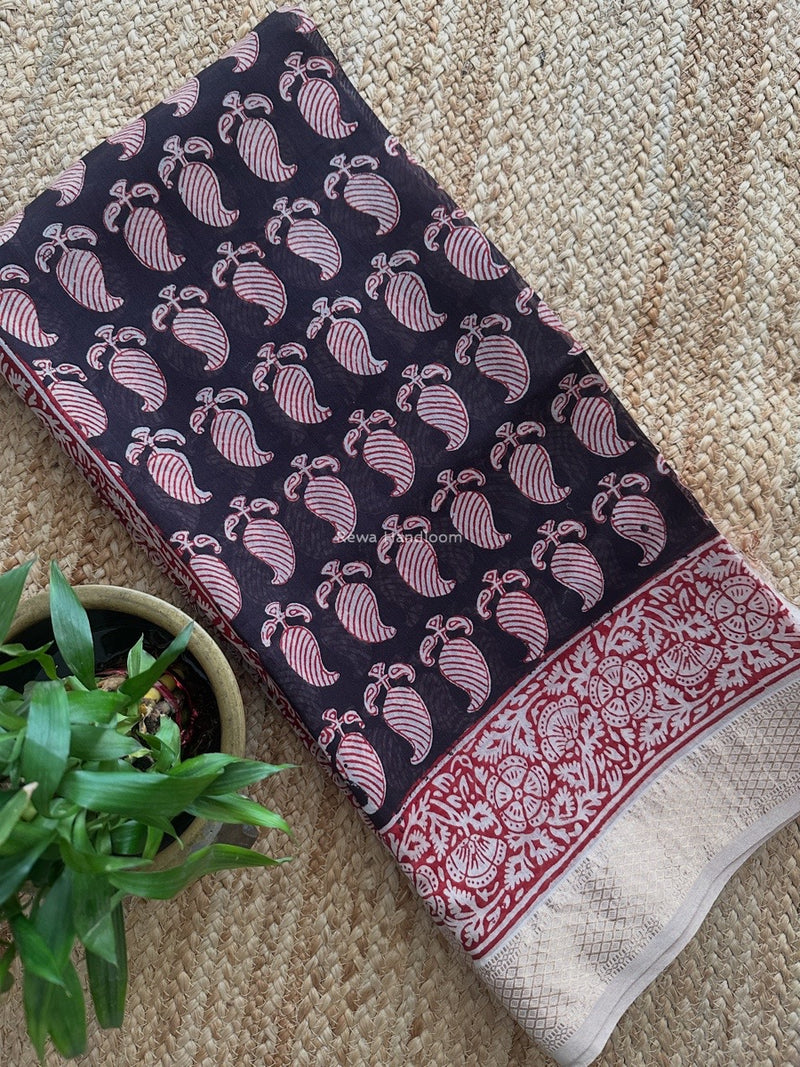 Maheshwari Black Bagh Print Small Border Saree MTBS118