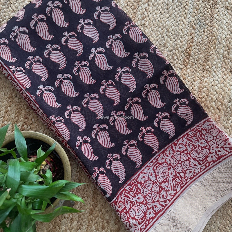 Maheshwari Black Bagh Print Small Border Saree MTBS118