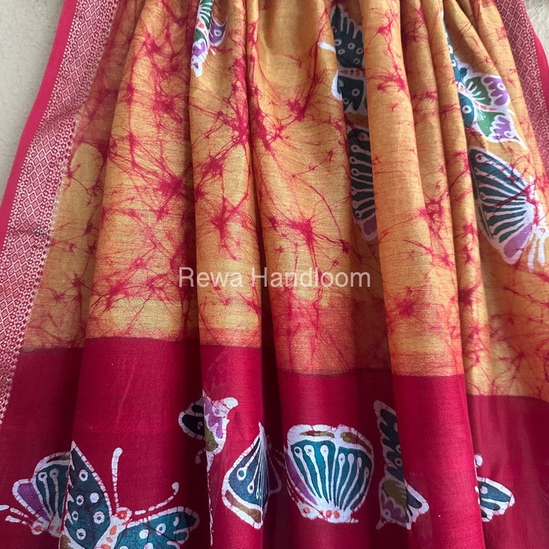Maheshwari Mustard Yellow Batik Indonesian Print Saree IBS056