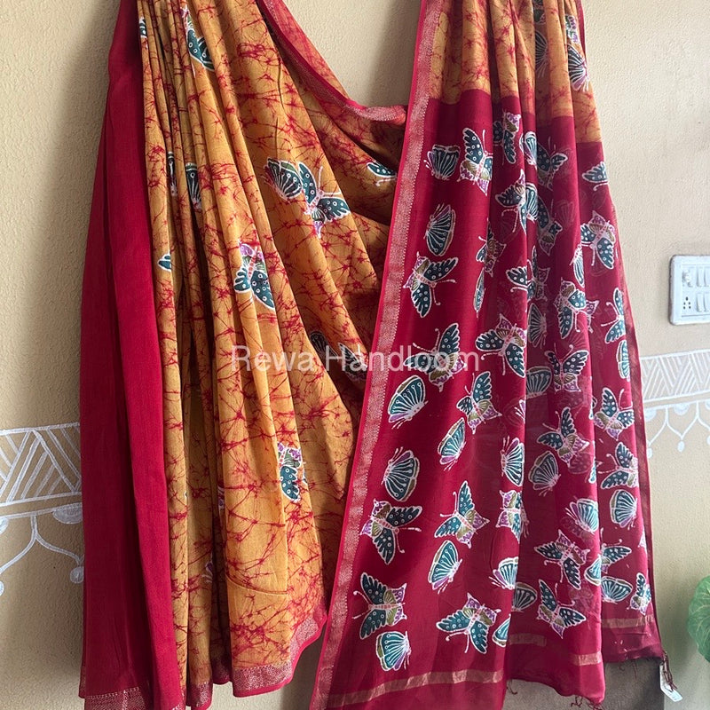 Maheshwari Mustard Yellow Batik Indonesian Print Saree IBS056