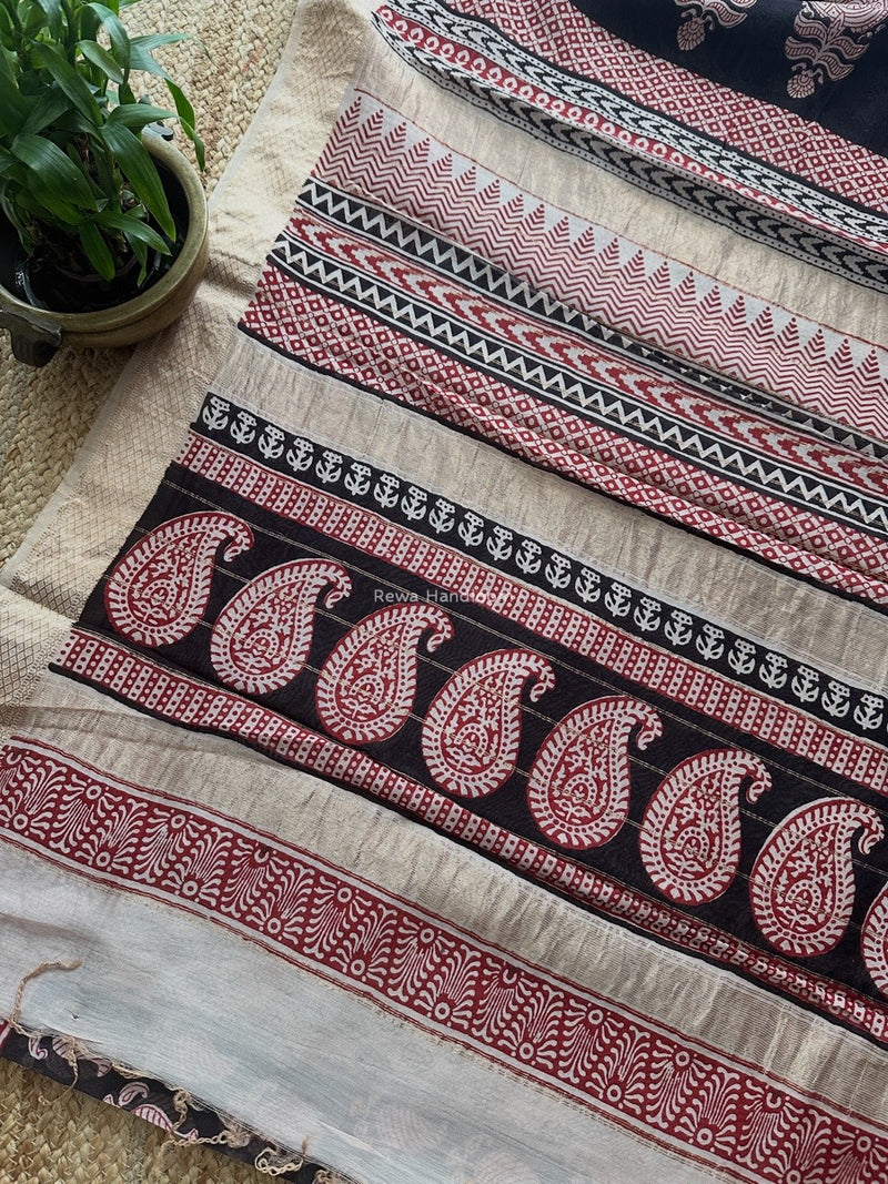 Maheshwari Black Bagh Print Small Border Saree MTBS118