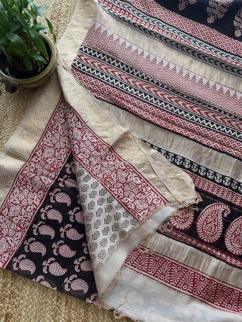 Maheshwari Black Bagh Print Small Border Saree MTBS118