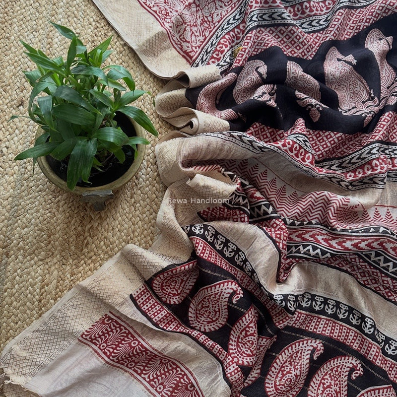 Maheshwari Black Bagh Print Small Border Saree MTBS118