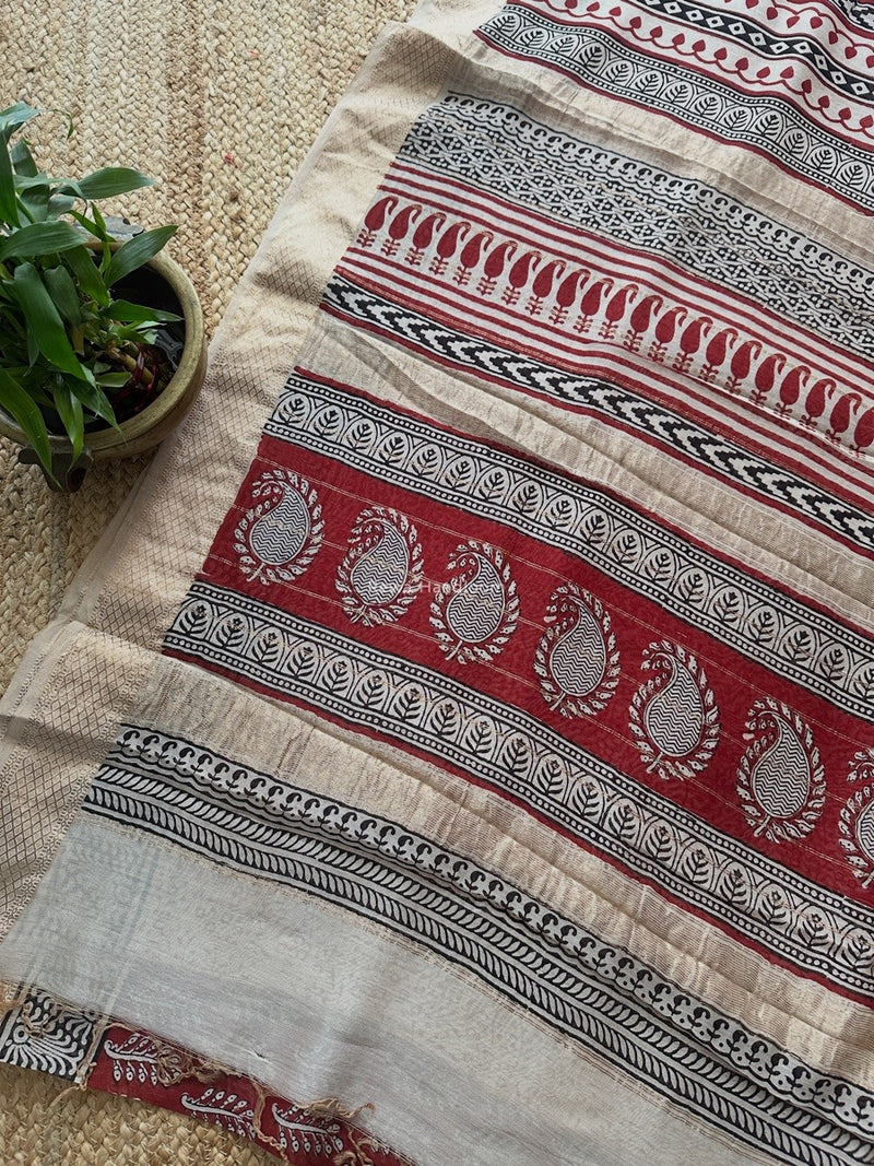 Maheshwari Maroon Bagh Print Small Border Saree MTBS115