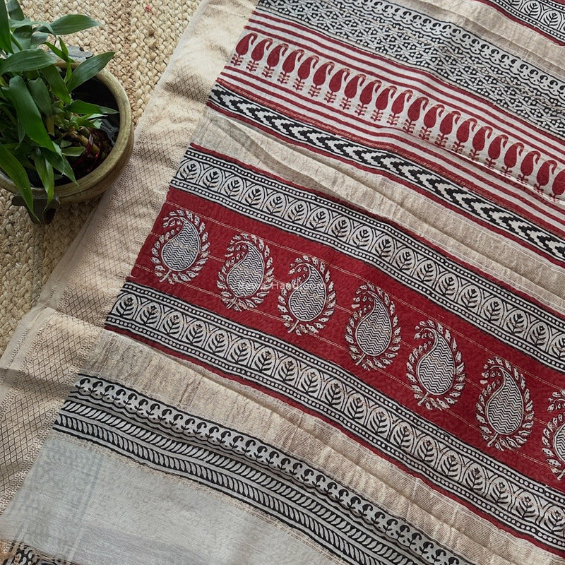 Maheshwari Maroon Bagh Print Small Border Saree MTBS115