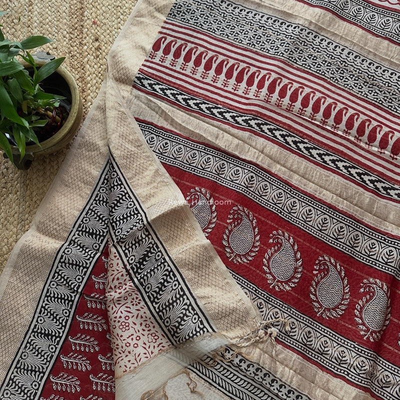 Maheshwari Maroon Bagh Print Small Border Saree MTBS115