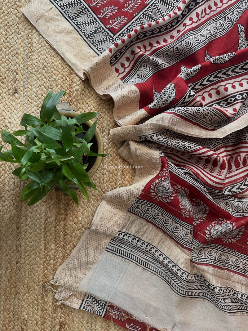 Maheshwari Maroon Bagh Print Small Border Saree MTBS115