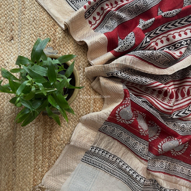 Maheshwari Maroon Bagh Print Small Border Saree MTBS115