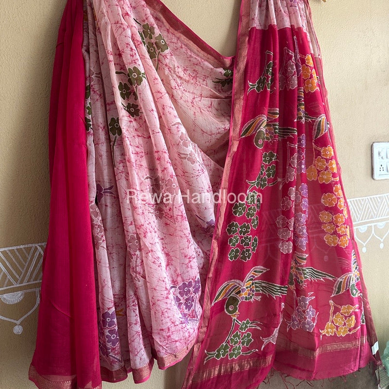 Maheshwari Rani Pink Batik indonesian Print Saree IBS046