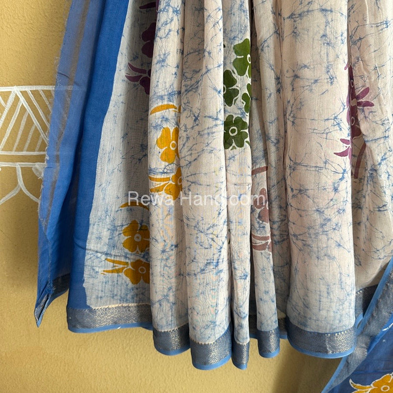Maheshwari Sky Blue Batik Indonesian Print Saree IBS045