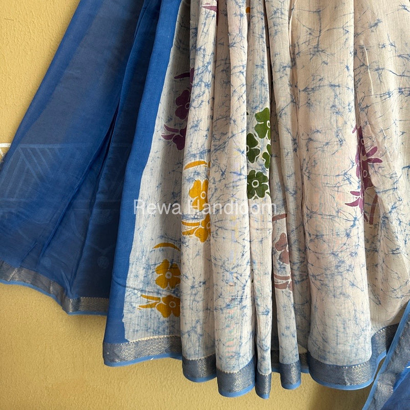 Maheshwari Sky Blue Batik Indonesian Print Saree IBS045