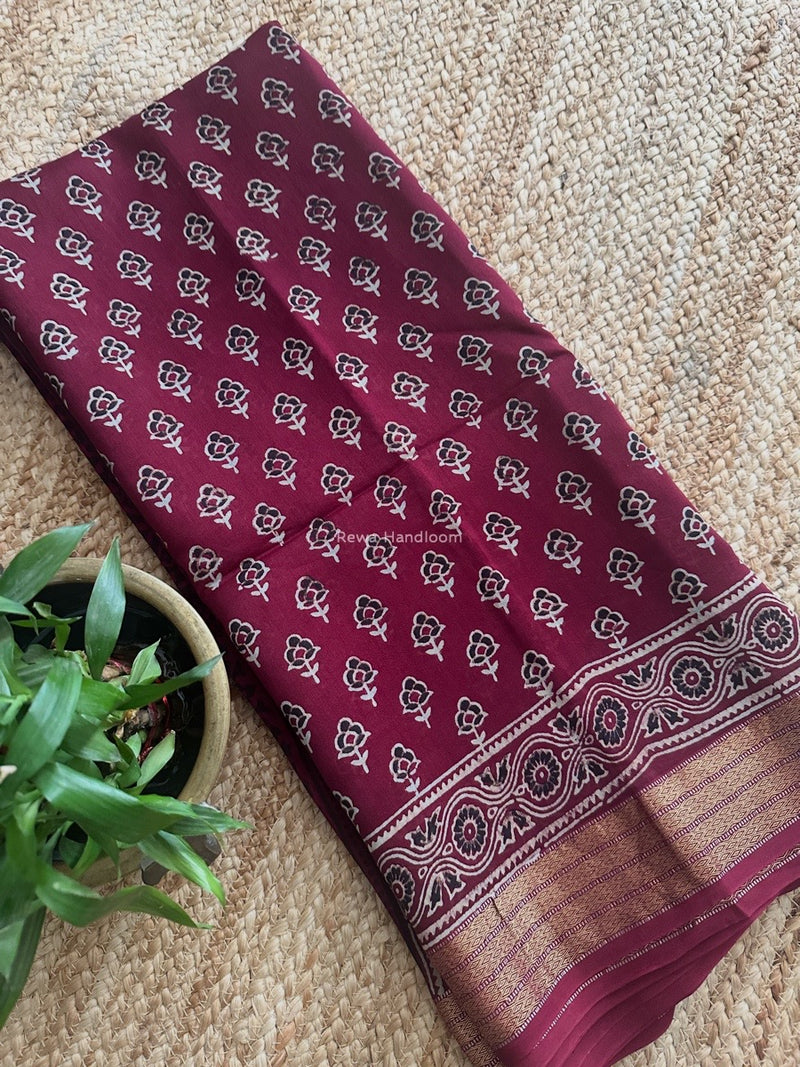 Maheshwari Wine Bagh Print Small Border Saree MTBS117