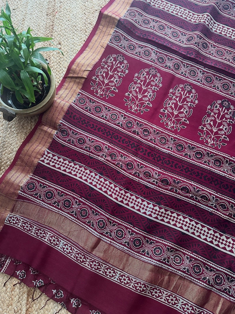 Maheshwari Wine Bagh Print Small Border Saree MTBS117