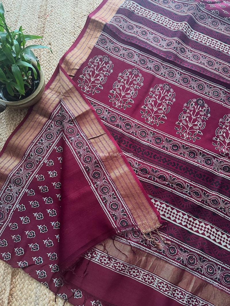 Maheshwari Wine Bagh Print Small Border Saree MTBS117