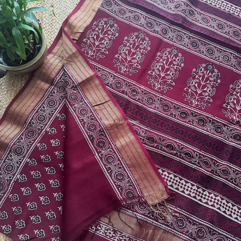 Maheshwari Wine Bagh Print Small Border Saree MTBS117