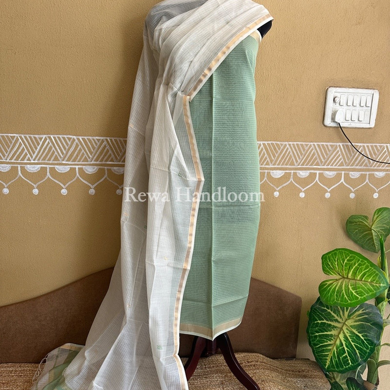 Maheshwari Light Pista Green-White Patti Butti Top-Dupatta Set PBS017