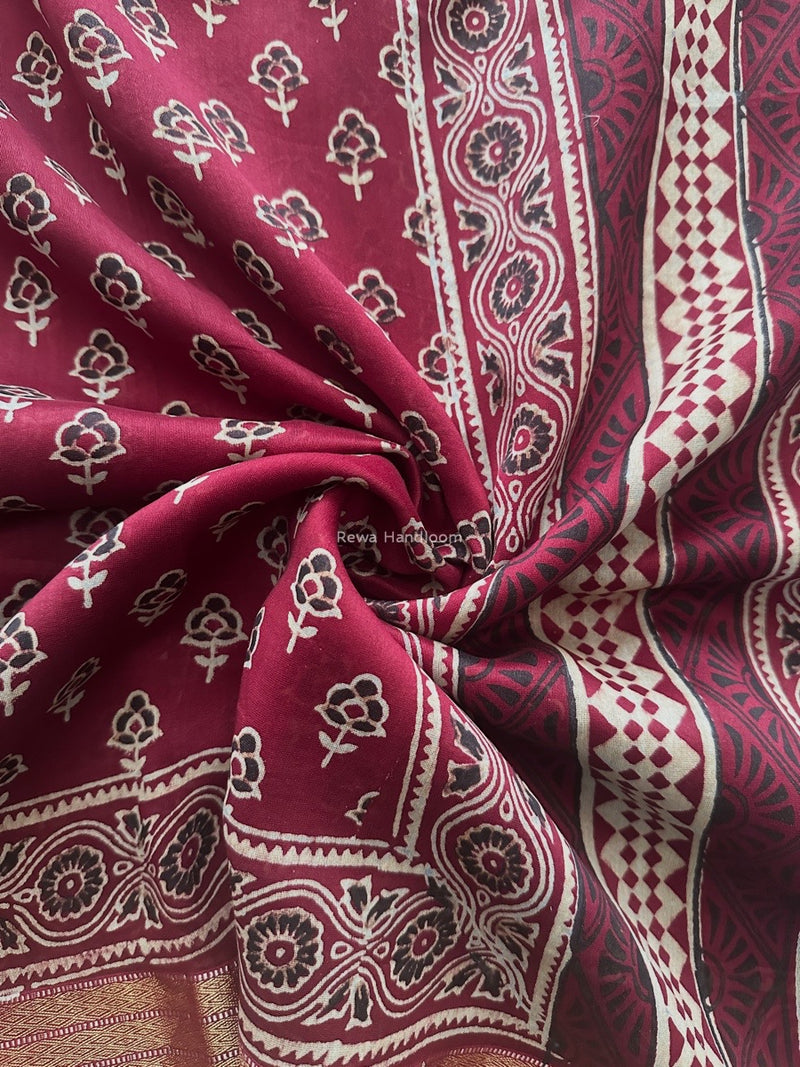 Maheshwari Wine Bagh Print Small Border Saree MTBS117