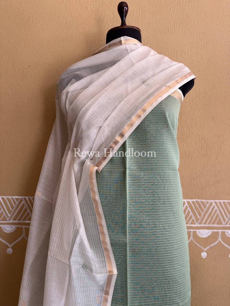 Maheshwari Light Pista Green-White Patti Butti Top-Dupatta Set PBS017