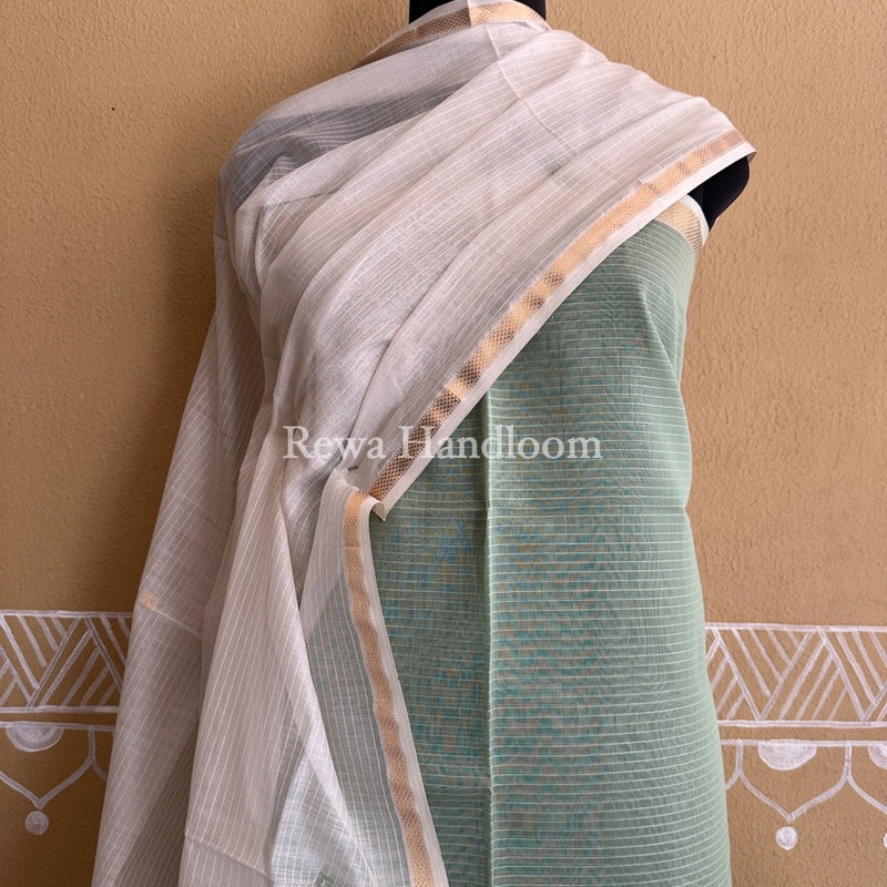 Maheshwari Light Pista Green-White Patti Butti Top-Dupatta Set PBS017