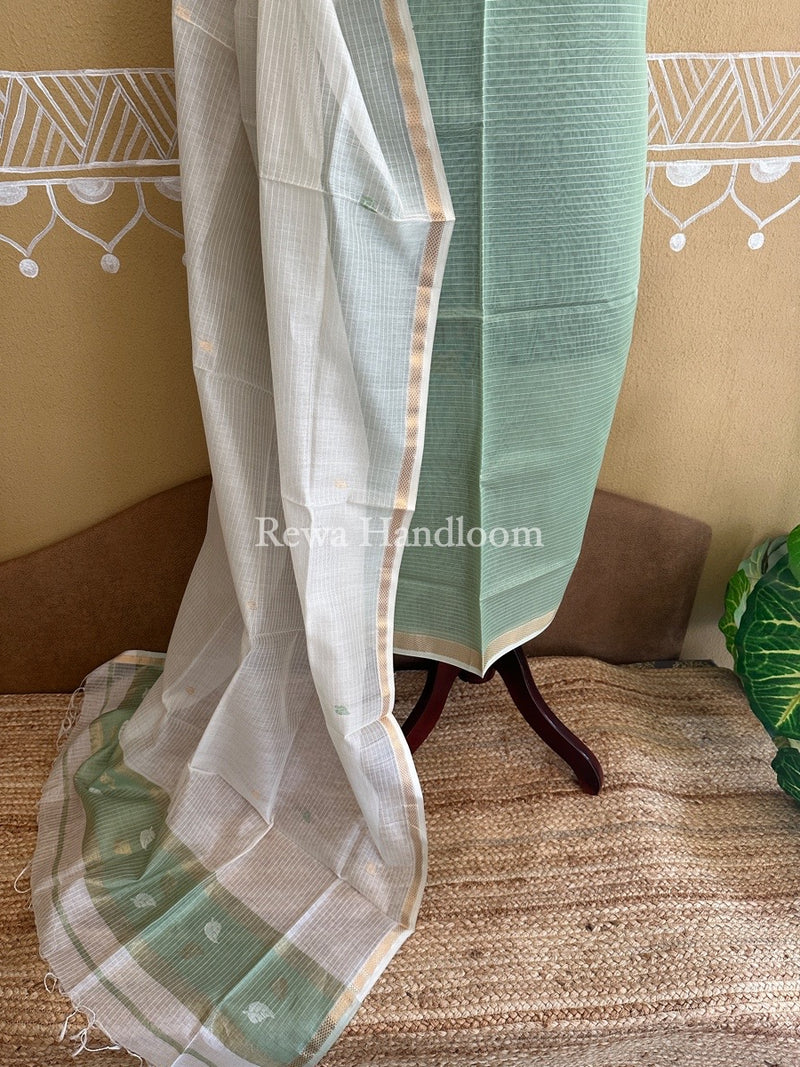 Maheshwari Light Pista Green-White Patti Butti Top-Dupatta Set PBS017