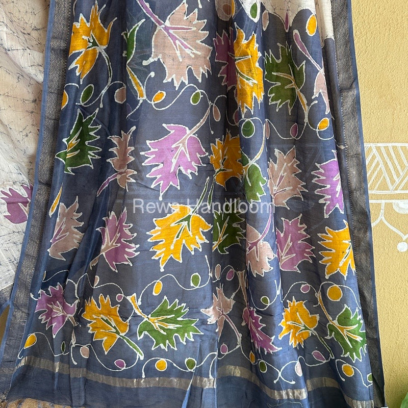 Maheshwari Grey Batik Indonesian Print Saree IBS059