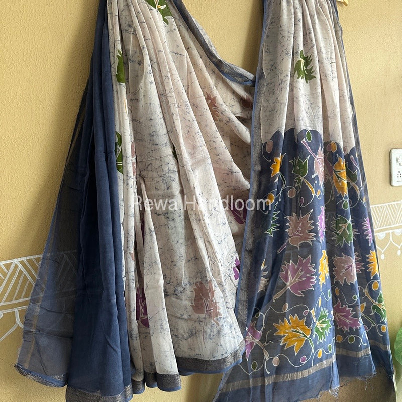 Maheshwari Grey Batik Indonesian Print Saree IBS059