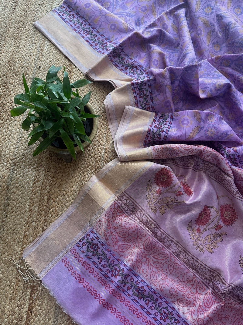 Maheshwari Purple Bagh Print Small Border Saree MTBS114