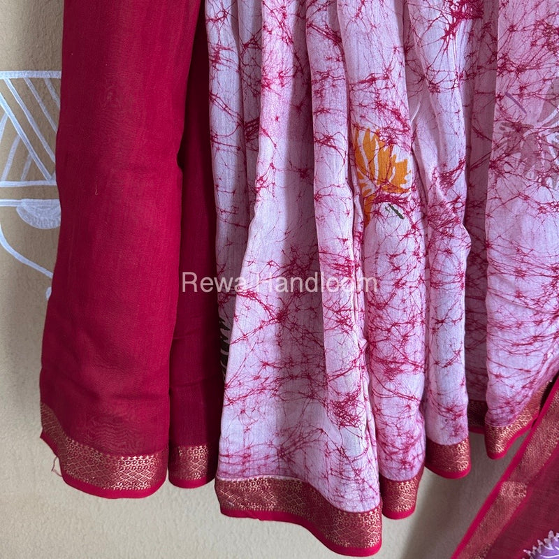 Maheshwari Beetroot Red Batik Indonesian Print Saree IBS019