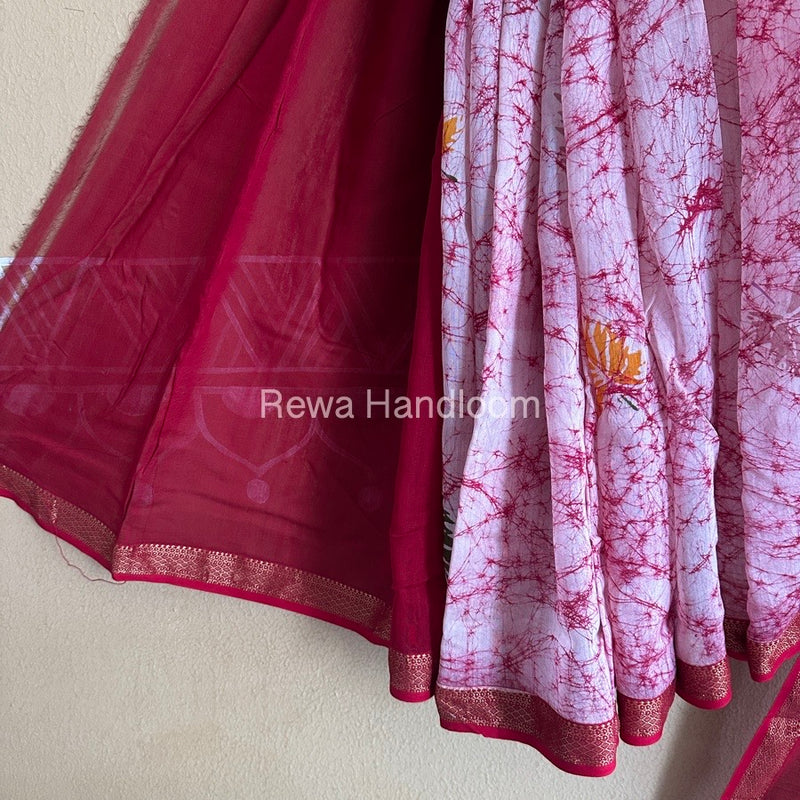 Maheshwari Beetroot Red Batik Indonesian Print Saree IBS019