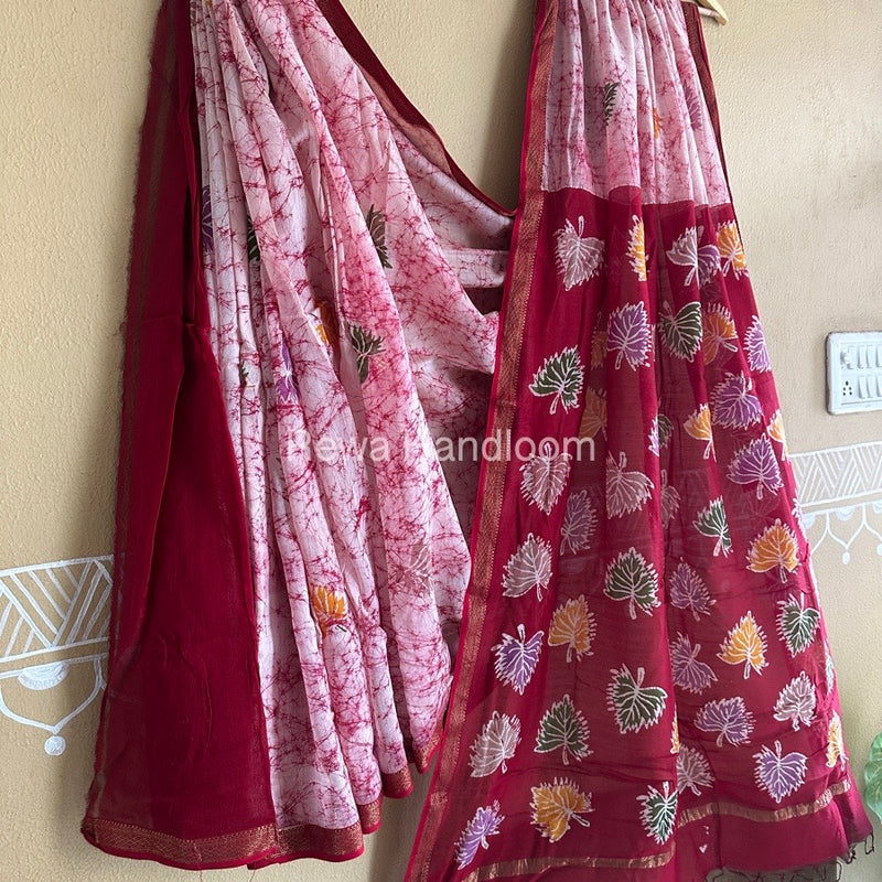Maheshwari Beetroot Red Batik Indonesian Print Saree IBS019
