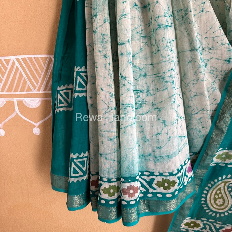 Maheshwari Sea Green Batik Indonesian Print Saree IBS011