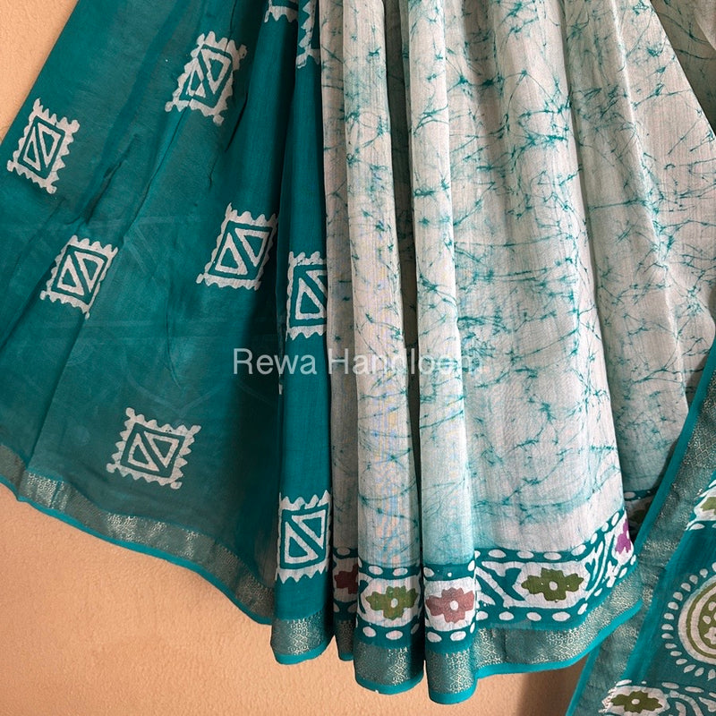 Maheshwari Sea Green Batik Indonesian Print Saree IBS011