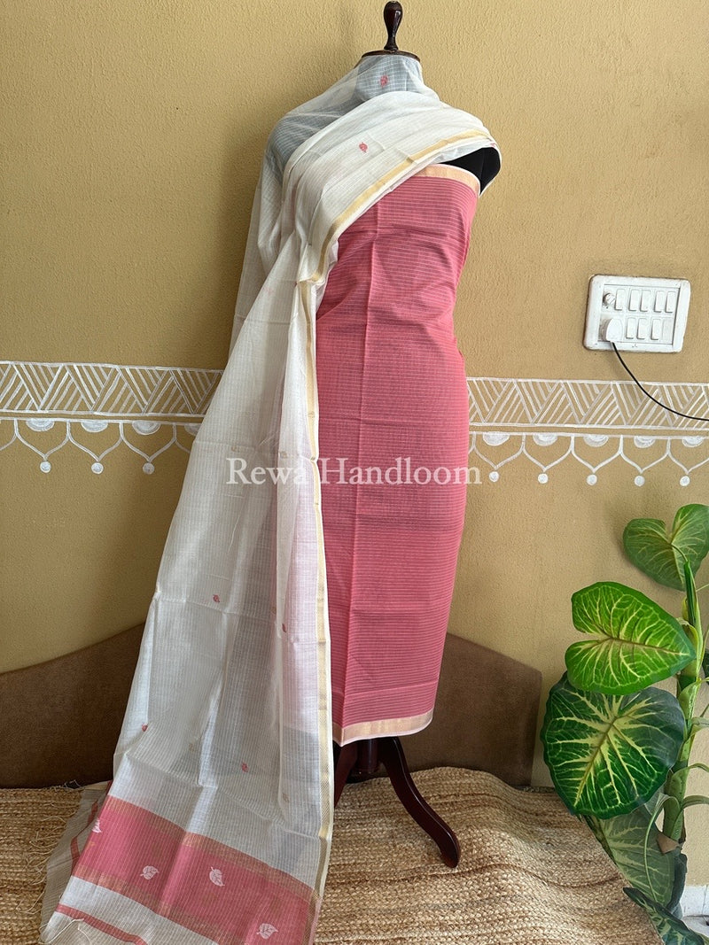 Maheshwari Light Pink-White Patti Butti Top-Dupatta Set PBS018