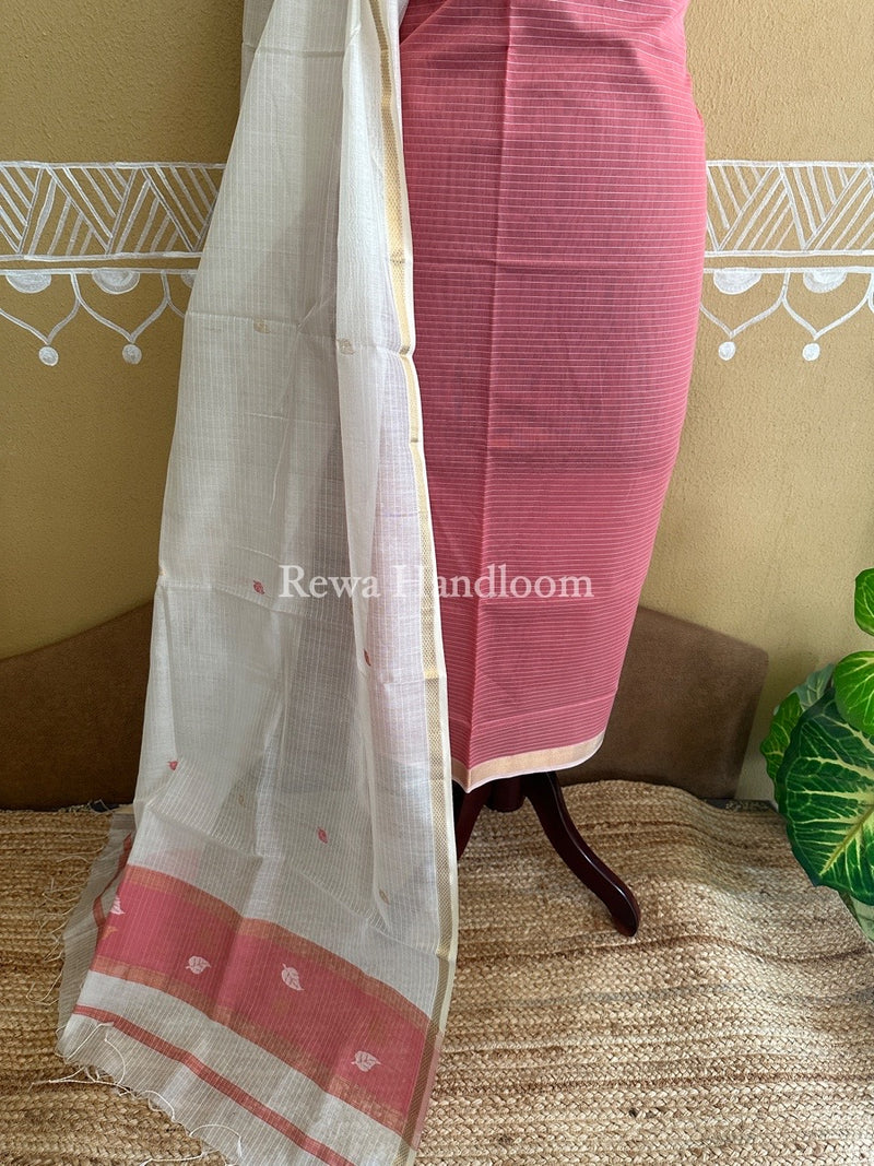 Maheshwari Light Pink-White Patti Butti Top-Dupatta Set PBS018