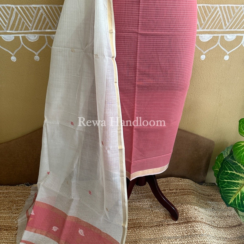Maheshwari Light Pink-White Patti Butti Top-Dupatta Set PBS018