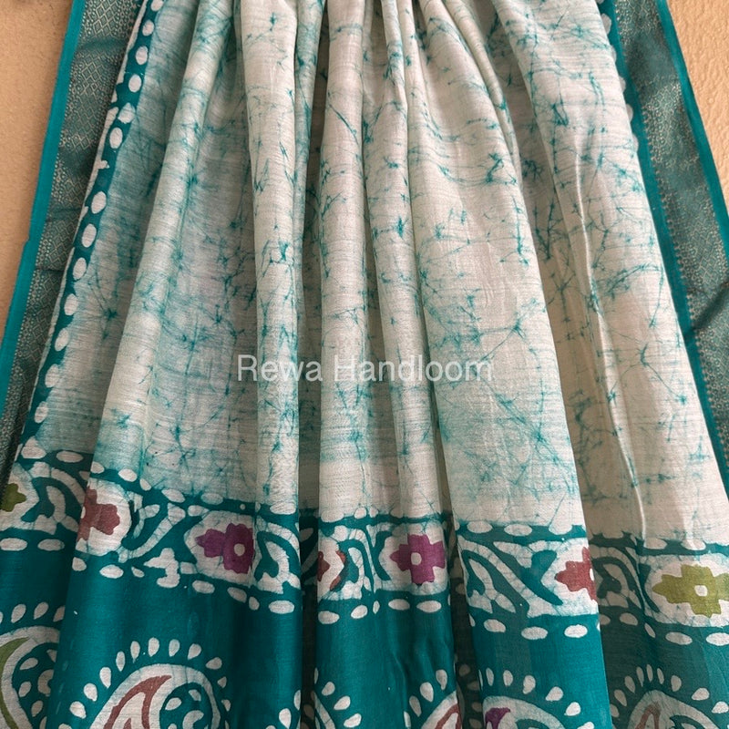 Maheshwari Sea Green Batik Indonesian Print Saree IBS011