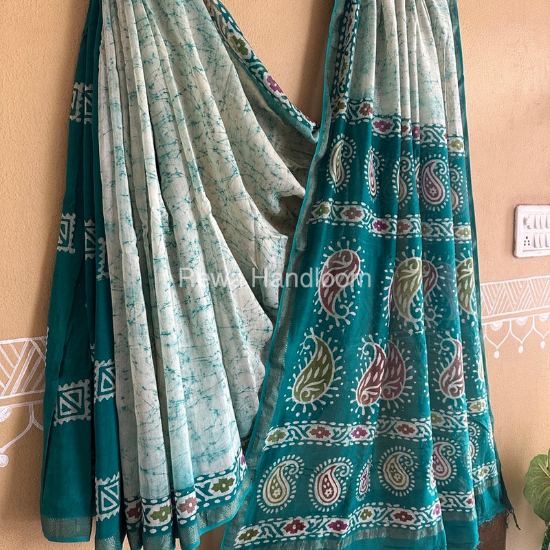 Maheshwari Sea Green Batik Indonesian Print Saree IBS011