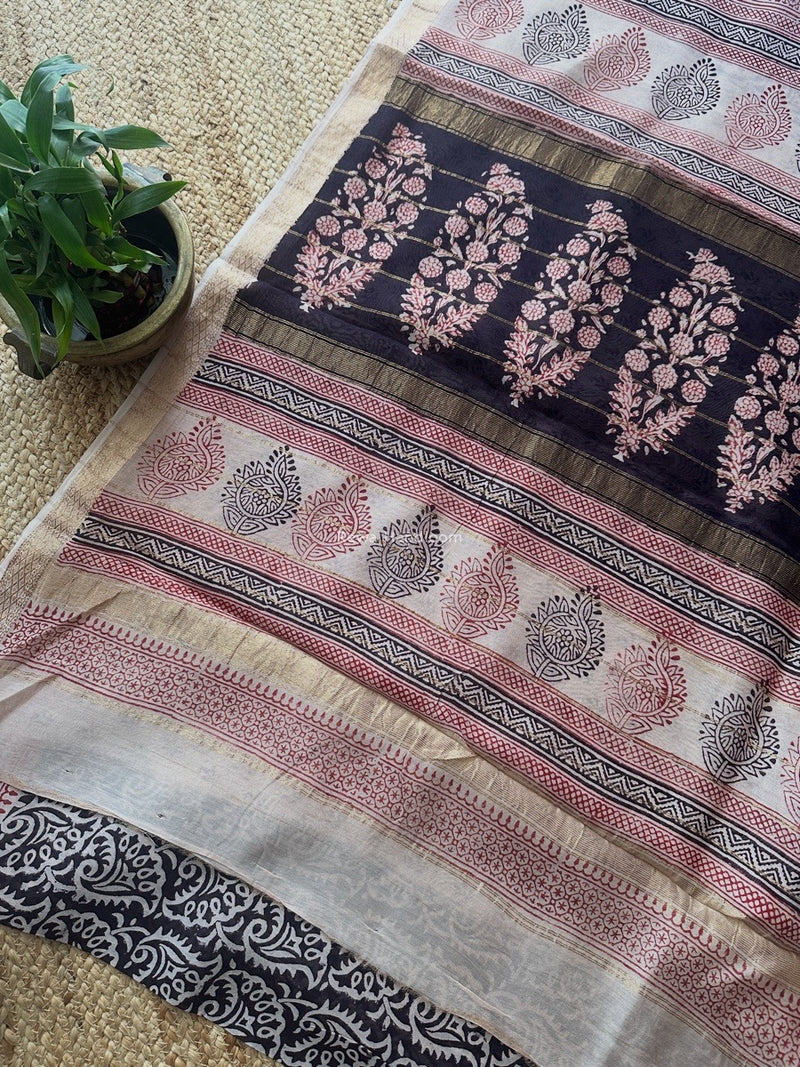 Maheshwari Black Bagh Print Small Border Saree MTBS120